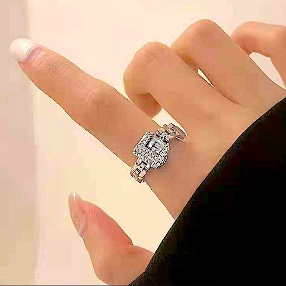 SILVER CHAIN BUCKLE RHINESTONE RING - Picture 2 of 12